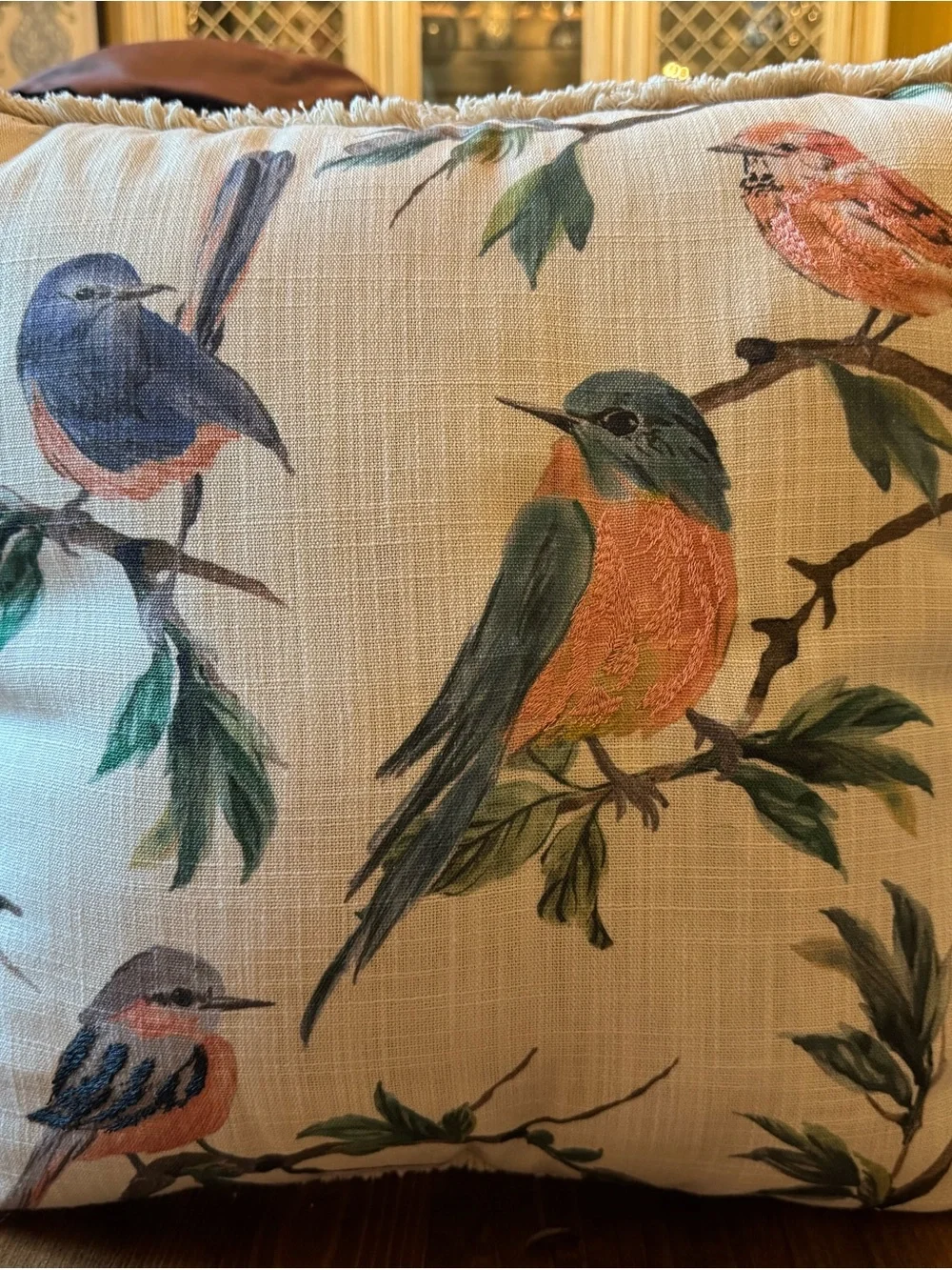 Source Unknown Cream Throw Pillow with Colorful Bird Print and Fringe